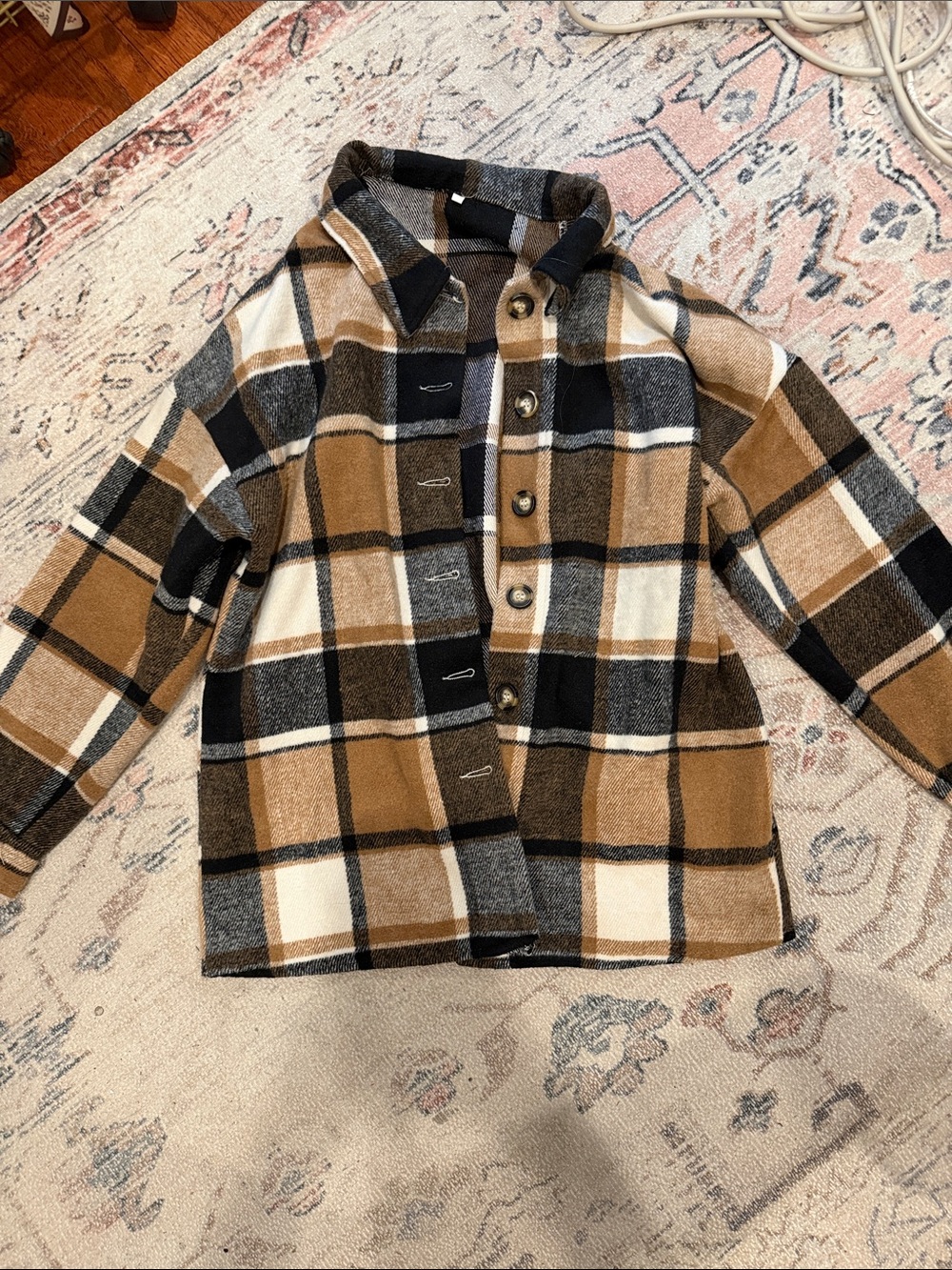 Plaid Button-Up Shacket in Camel, Black & Cream